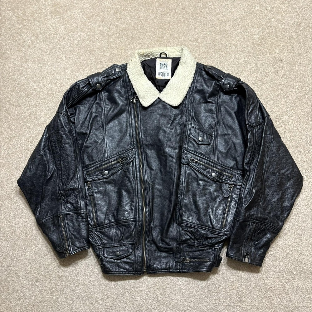 Vtg Leather Biker Jacket Large‎ Sherpa Collar Motorcycle 80s Multi Zip Pockets